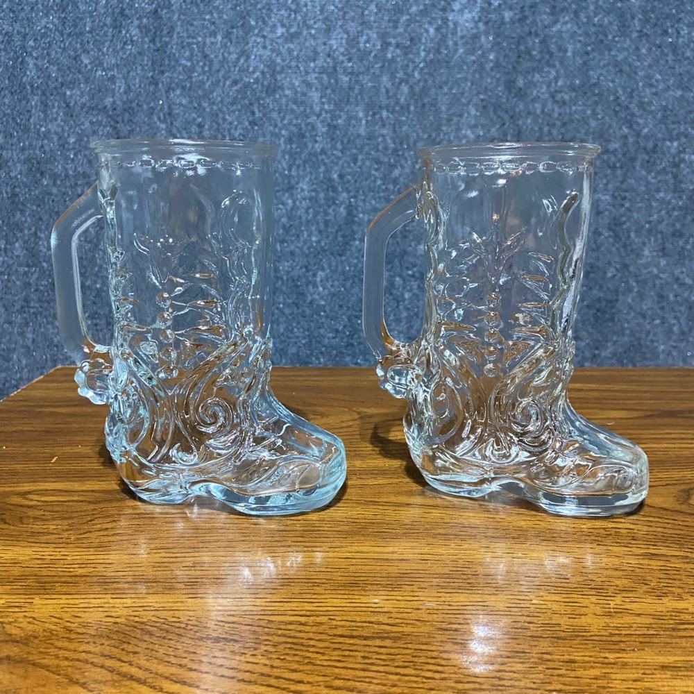 Libbey of Canada Clear Glass Cowboy Boot Mugs Set of 2 Western Barware 6in